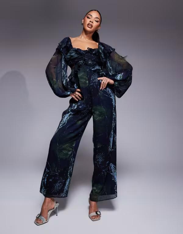 エイソス レディース トップス ジャンプスーツ フラワー柄 プリント フリル フラワー ASOS DESIGN long sleeve ruffle off shoulder jumpsuit in blurred floral print Blurred floral