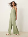 【送料無料】 エイソス レディース ジャンプスーツ トップス ASOS DESIGN double cloth braided tie detail scoop neck jumpsuit in khaki green Khaki