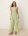 【送料無料】 エイソス レディース ジャンプスーツ トップス ASOS DESIGN V-neck poly crinkle dropped waist jumpsuit in khaki Khaki