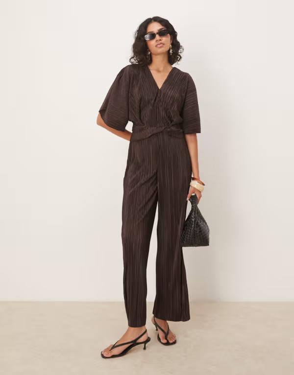 エイソス レディース トップス ジャンプスーツ ラップウエスト ASOS DESIGN plisse plunge short sleev..
