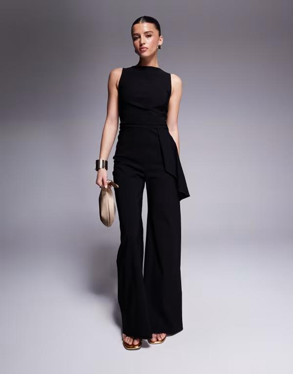 【送料無料】 ベスパー レディース ジャンプスーツ トップス Vesper bengaline drape side detail wide leg jumpsuit in black Black