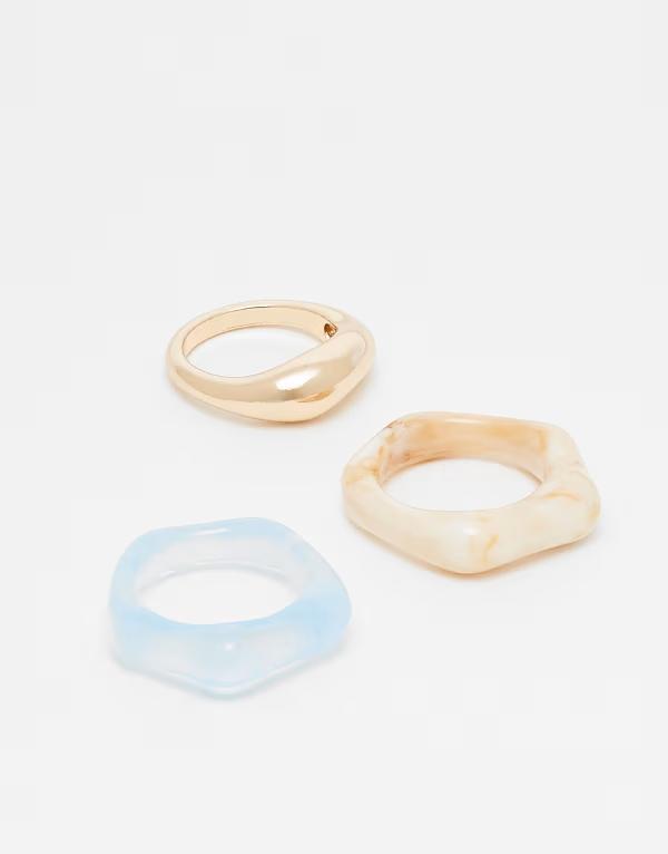 【送料無料】 エイソス レディース リング アクセサリー ASOS DESIGN pack of 3 rings with mixed resin and gold tone gold
