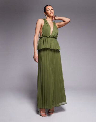 【送料無料】 エイソス レディース ワンピース トップス ASOS DESIGN pleated plunge midi dress with peplum in dark khaki Dark khaki 【送料無料】 エイソス レディース ワンピース トップス ASOS DESIGN pleated plunge midi dress with peplum in dark khaki Dark khaki