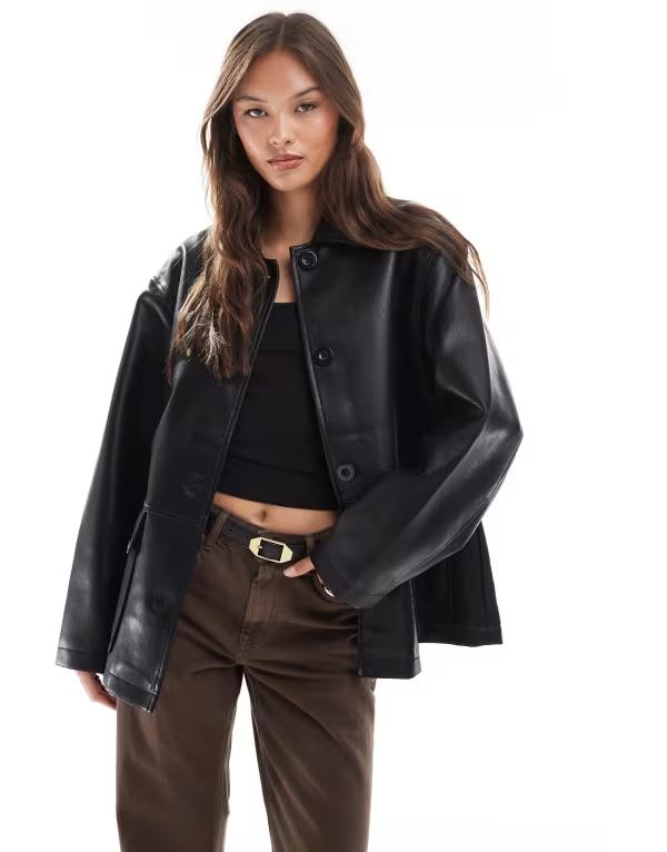 【送料無料】 エイソス レディース ジャケット・ブルゾン アウター ASOS DESIGN leather look harrington jacket in black Blackのサムネイル
