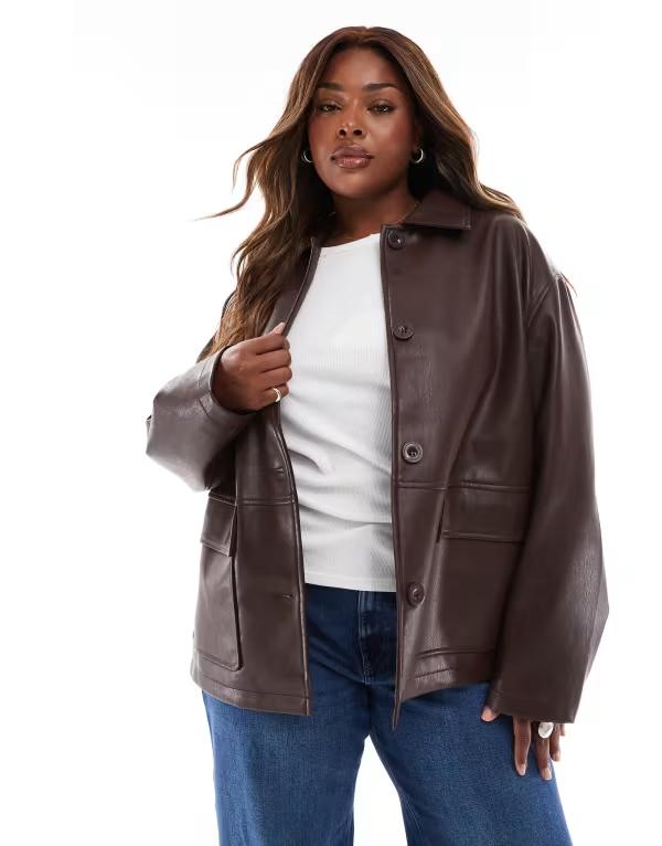 エイソス レディース アウター ジャケット・ブルゾン レザー ジャケット ASOS Curve ASOS DESIGN Curve leather look harrington jacket in chocolate Brown ブラウン