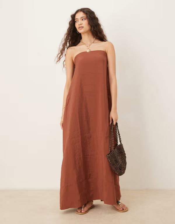 エイソス レディース トップス ワンピース マキシワンピース マキシ ASOS DESIGN cupro bandeau maxi dress in chocolate chocolate チョコレート
