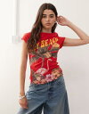 【送料無料】 コルージョン レディース Tシャツ トップス COLLUSION baby tee in red bay beach print in red RED