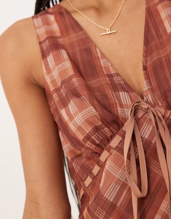 エイソス レディース トップス ワンピース Vネック タイディテール プリント ミディ ASOS DESIGN v neck midi slip dress with bust tie detail in plaid print CHECK PRINT チェック