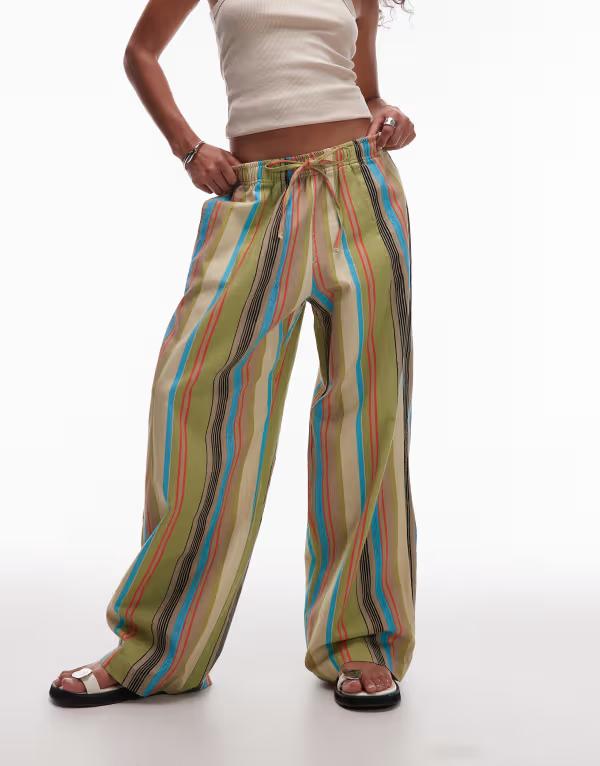 【送料無料】 トップショップ レディース カジュアルパンツ ボトムス Topshop linen look balloon pants in multi stripes Multi