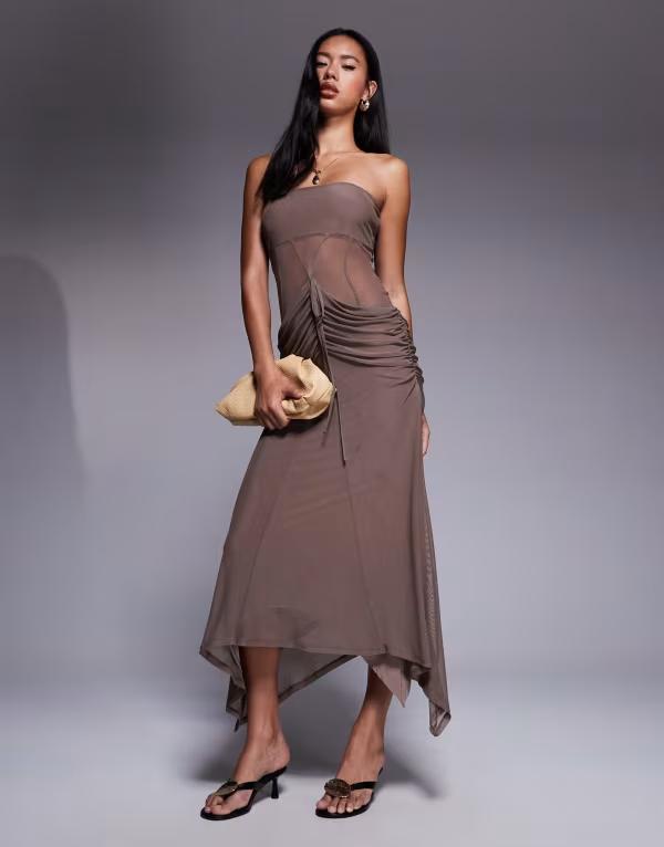 エイソス レディース トップス ワンピース マキシワンピース メッシュ マキシ ASOS DESIGN mesh corsetted bandeau maxi dress in chocolate Chocolate チョコレート