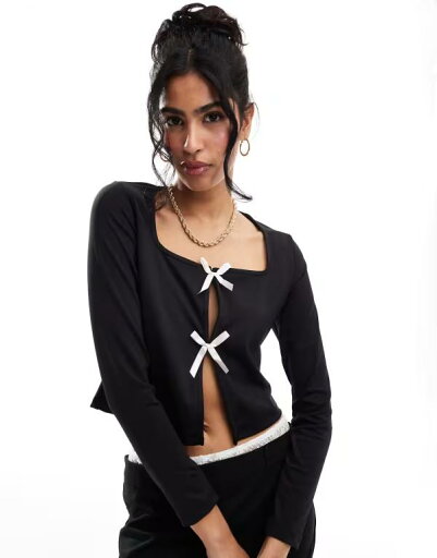 【送料無料】 ピーシーズ レディース カーディガン アウター Pieces Mix & Match slinky pink tie bow front cardigan in black Black 【送料無料】 ピーシーズ レディース カーディガン アウター Pieces Mix & Match slinky pink tie bow front cardigan in black Black