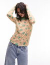【送料無料】 トップショップ レディース Tシャツ トップス Topshop crinkle ditsy placement high neck long sleeve top in peach Peach