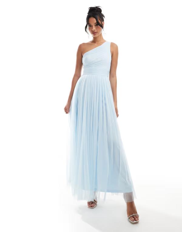 【送料無料】 レース アンド ビーズ レディース ワンピース トップス Lace & Beads Bridesmaid one-shoulder tulle maxi dress in sky blue Sky Blue
