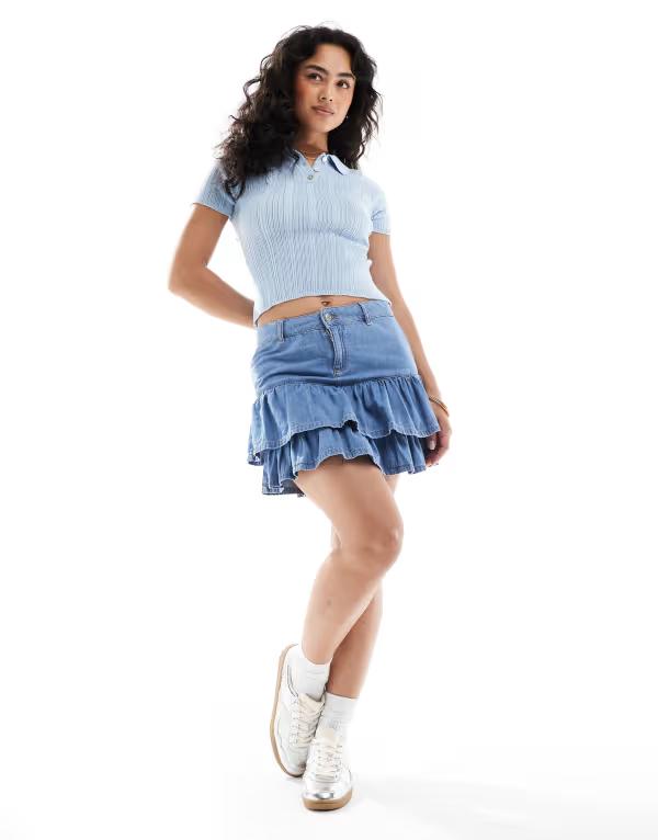 エイソス レディース ボトムス スカート フリル裾 フリル ミニ デニム ASOS DESIGN denim mini skirt with ruffle hem in midwash MID BLUE ブルー