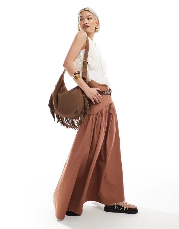 エイソス レディース ボトムス スカート マキシ ASOS DESIGN dropped waist maxi skirt BROWN ブラウン(4)