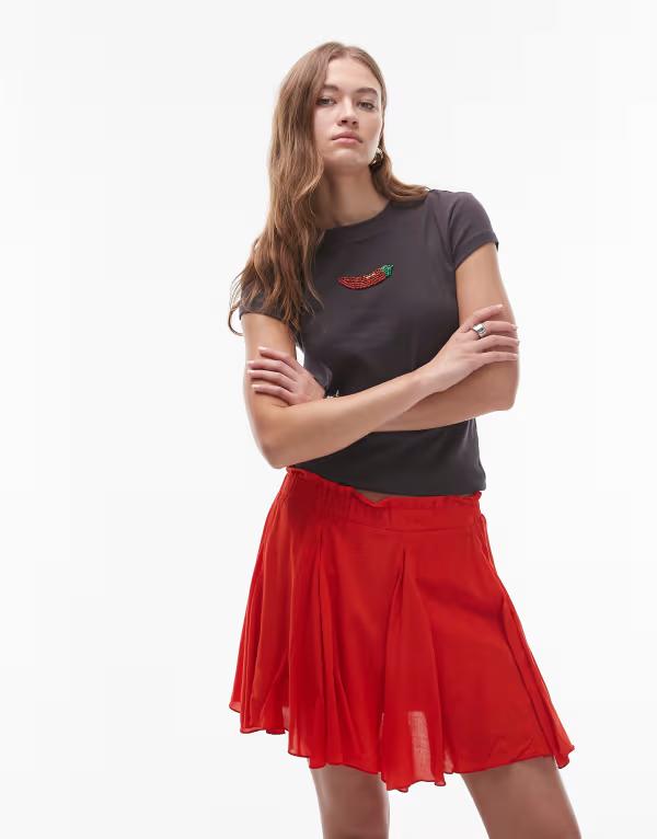 トップショップ レディース ボトムス スカート ミニ コットン Topshop cotton flippy mini skirt with godets RED レッド