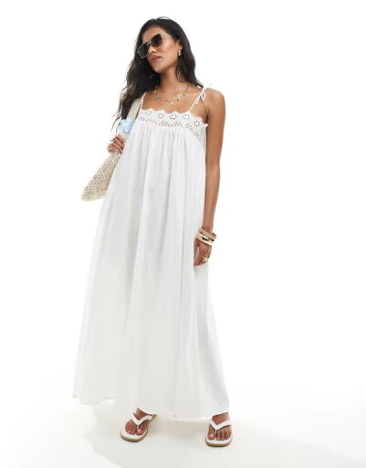 【送料無料】 エイソス レディース ワンピース トップス ASOS DESIGN crinkle maxi beach dress with eyelet trim in white White 【送料無料】 エイソス レディース ワンピース トップス ASOS DESIGN crinkle maxi beach dress with eyelet trim in white White