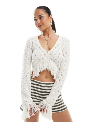 【送料無料】 ベルシュカ レディース カーディガン アウター Bershka crochet fringe detail cardigan in ecru ECRU 【送料無料】 ベルシュカ レディース カーディガン アウター Bershka crochet fringe detail cardigan in ecru ECRU
