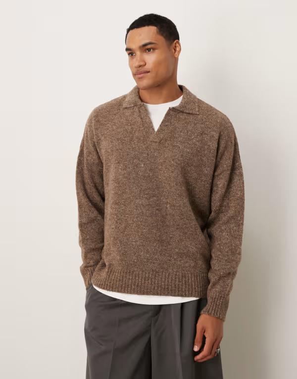 エイソス メンズ トップス ポロシャツ ニット ASOS DESIGN super oversized boxy fit knit notch neck ..