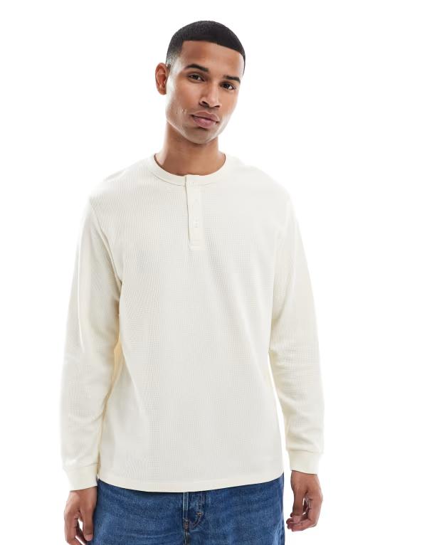 ジャック アンド ジョーンズ メンズ トップス シャツ Jack & Jones long sleeve textured henley in cream Antique White ホワイト