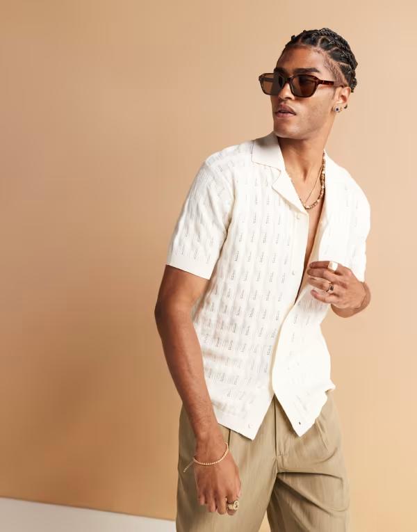 【送料無料】 サウスビーチ メンズ シャツ トップス South Beach knit beach shirt in cream CREAM