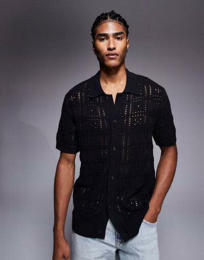 【送料無料】 リバーアイランド メンズ シャツ トップス River Island knit crochet shirt in black Black 【送料無料】 リバーアイランド メンズ シャツ トップス River Island knit crochet shirt in black Black