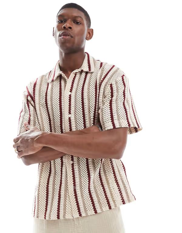 ジャック アンド ジョーンズ メンズ トップス シャツ Jack & Jones crochet stripe shirt Antique White ホワイト