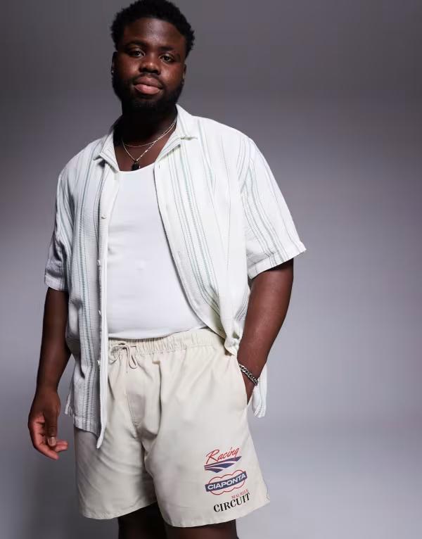 エイソス メンズ 水着 ハーフパンツ・ショーツ ショーツ スイム/サーフ BEIGE ASOS DESIGN swim shorts in mid length with placement print in beige