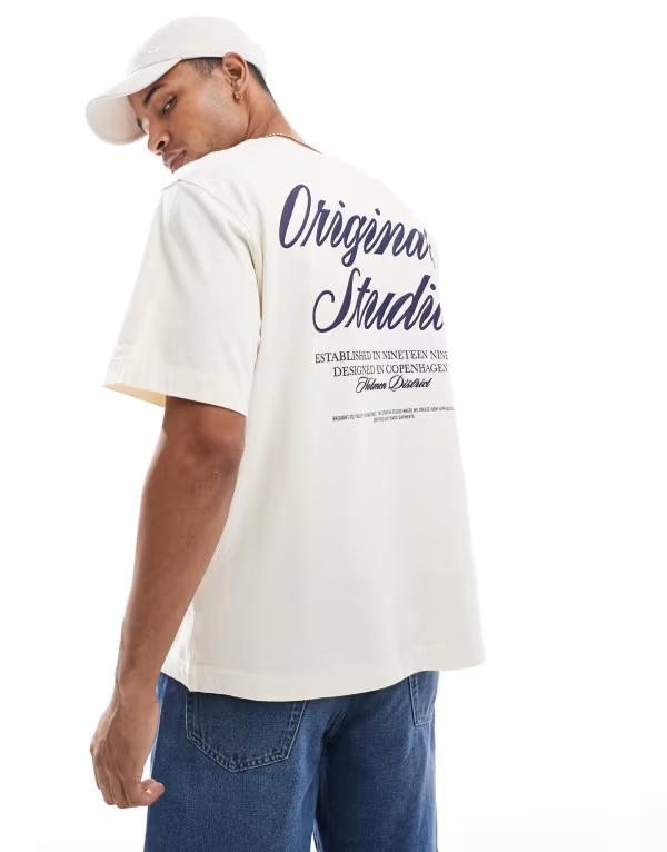ジャック アンド ジョーンズ メンズ トップス Tシャツ プリント シャツ Jack & Jones oversize T-shirt with script back print in cream Antique White ホワイト