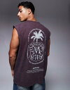 【送料無料】 エイソス メンズ ベスト トップス ASOS DESIGN heavyweight oversized tank with high summer graphic in washed brown Chocolate plum