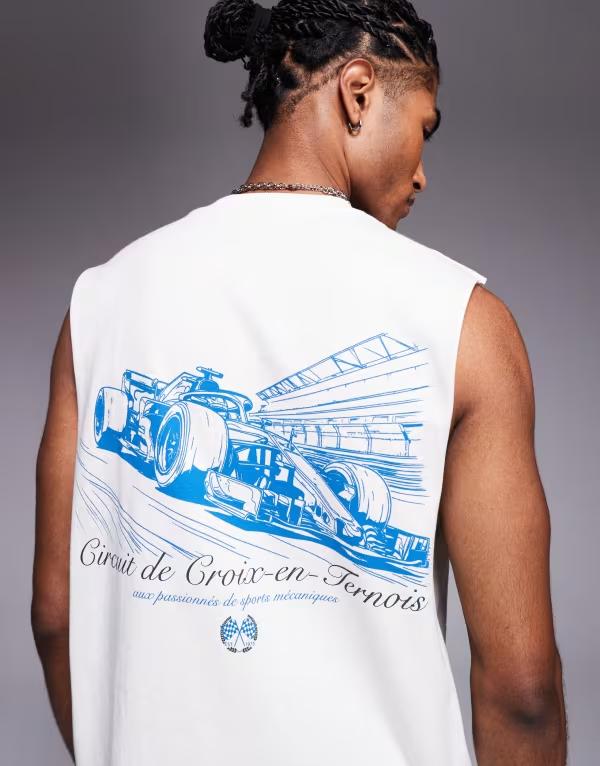 リバーアイランド メンズ トップス ベスト プリント River Island racing back print tank top in ecru..