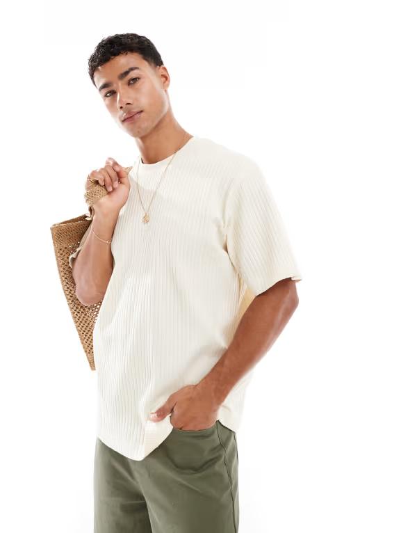 ジャック アンド ジョーンズ メンズ トップス Tシャツ リブ シャツ Jack & Jones ribbed oversized t-shirt in cream Antique White ホワイト