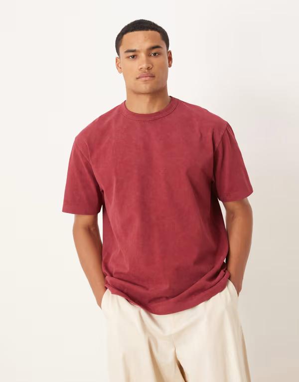 エイソス メンズ トップス Tシャツ グラフィック ASOS DESIGN heavyweight relaxed T-shirt in with city graphic in washed Syrah レッド