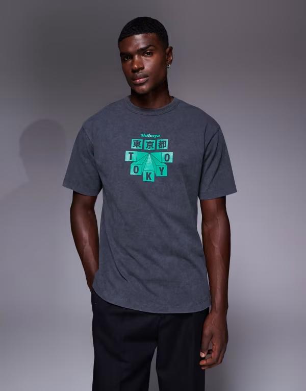 エイソス メンズ トップス Tシャツ プリント シャツ ASOS DESIGN relaxed t-shirt with skyscraper city print in washed Asphalt ブラック