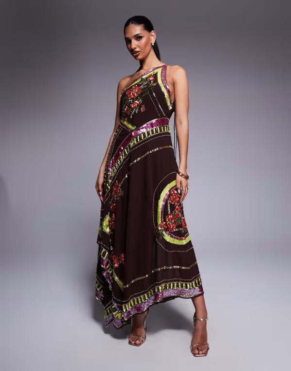 エイソス レディース トップス ワンピース マキシワンピース フラワー柄 スカート マキシ フラワー ASOS DESIGN floral scarf embellished full skirt maxi dress in chocolate Chocolate チョコレート