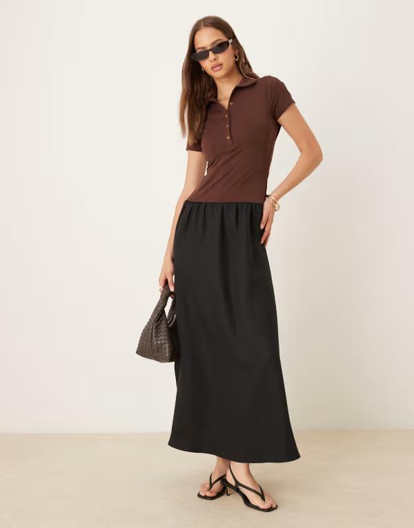 エイソス レディース トップス ワンピース ボタンダウン ミディワンピース ミディ Tシャツ ダウン ASOS DESIGN button down T-shirt hybrid midi dress in chocolate Chocolate チョコレート
