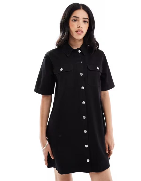 ミスセルフフリッジ レディース トップス ワンピース シャツワンピース シャツ デニム Miss Selfridge oversized short sleeve denim shirt dress wash Black wash ブラック