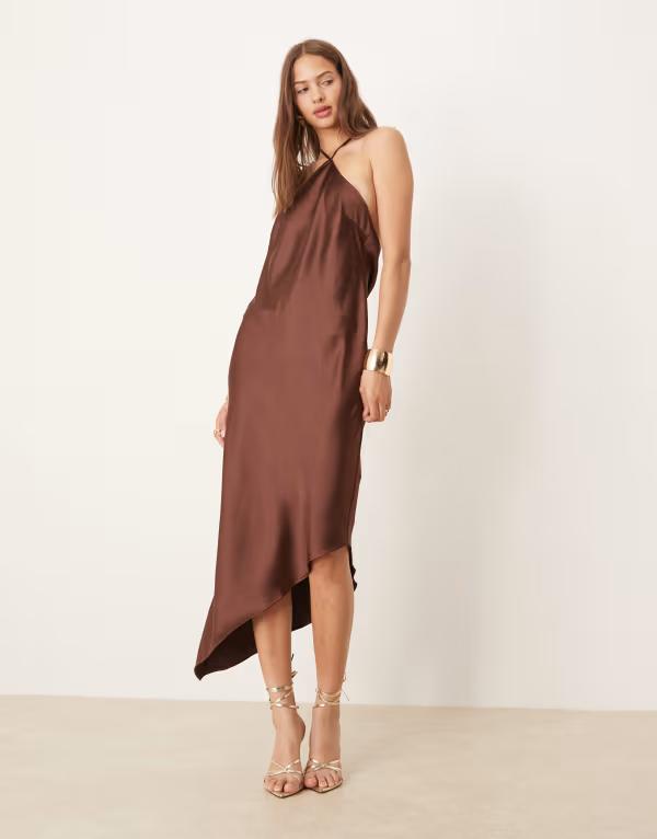 エイソス レディース トップス ワンピース マキシワンピース サテン マキシ ホルター ASOS DESIGN satin halter maxi dress in chocolate Chocolate チョコレート