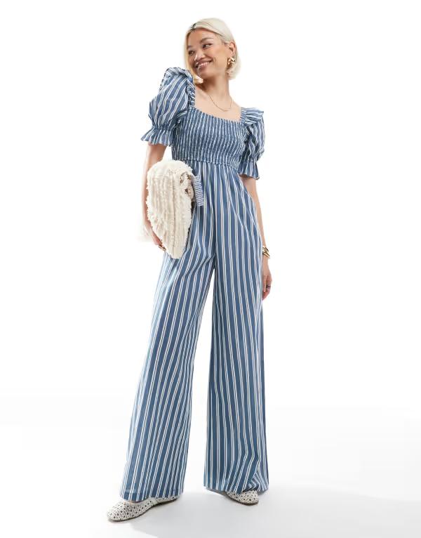 【送料無料】 ウェンズデーガール レディース ジャンプスーツ トップス Wednesday's Girl bold striped jumpsuit in blue Blue stripe