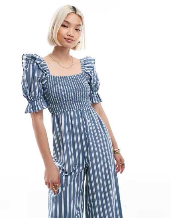 【送料無料】 ウェンズデーガール レディース ジャンプスーツ トップス Wednesday's Girl bold striped jumpsuit in blue Blue stripe