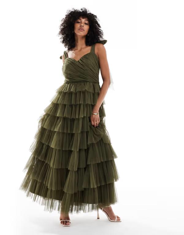 レース アンド ビーズ レディース トップス ワンピース Forest Green Lace & Beads Bridesmaid bow shoulder tulle maxi dress in forest green