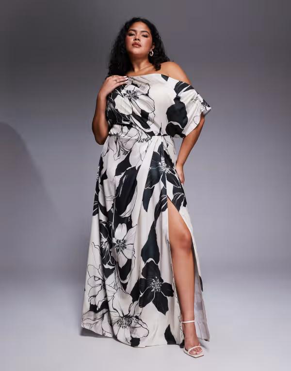 【送料無料】 エイソス レディース ワンピース トップス ASOS DESIGN Curve Exclusive satin fallen shoulder shoulder side slit maxi dress in mono floral print Mono floral print