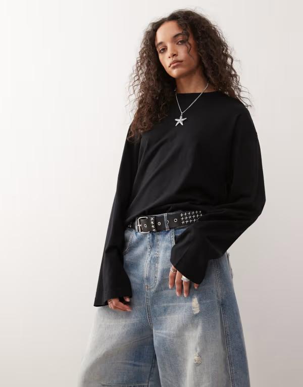 モンキ レディース トップス Tシャツ Monki oversized long sleeve T-shirt with side slits Black ブラック(4)