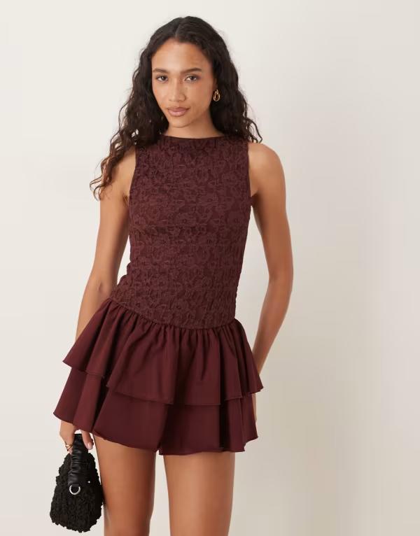エイソス レディース トップス ワンピース ミニワンピース ミニ スカート レース ASOS DESIGN lace bodice mini dress with poplin skirt in chococlate Chocolate チョコレート