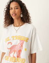 【送料無料】 エイソス レディース Tシャツ トップス ASOS DESIGN oversized T-shirt with pink tiger graphic in cream CREAM