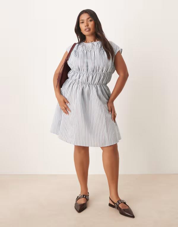 エイソス レディース トップス ワンピース ミニワンピース ギャザー ミニ スカート ASOS Curve ASOS DESIGN Curve ruched bodice double skirt mini dress stripes Blue check ブルー(4)