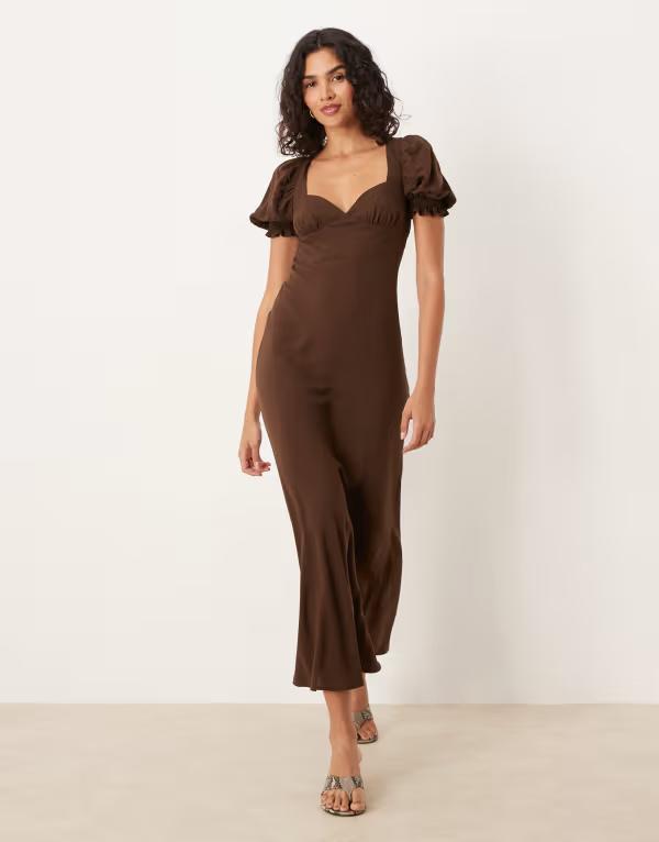 エイソス レディース トップス ワンピース ボタンダウン ミディワンピース ミディ ダウン ASOS DESIGN puff sleeve button down midi dress in chocolate Chocolate チョコレート