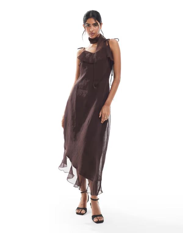 ヴェロモーダ レディース トップス ワンピース シフォン アシンメトリー フリル Vero Moda chiffon asymmetric hem ruffle dress with scarf detail in chocolate Chocolate martini チョコレート