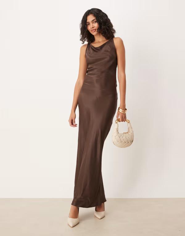 エイソス レディース トップス ワンピース サテン ASOS DESIGN satin tie back slash neck dress in chocolate Chocolate チョコレート