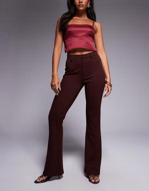 エイソス レディース ボトムス カジュアルパンツ パンツ ジャージー ASOS DESIGN jersey twill slim flare pants in chocolate Chocolate チョコレート